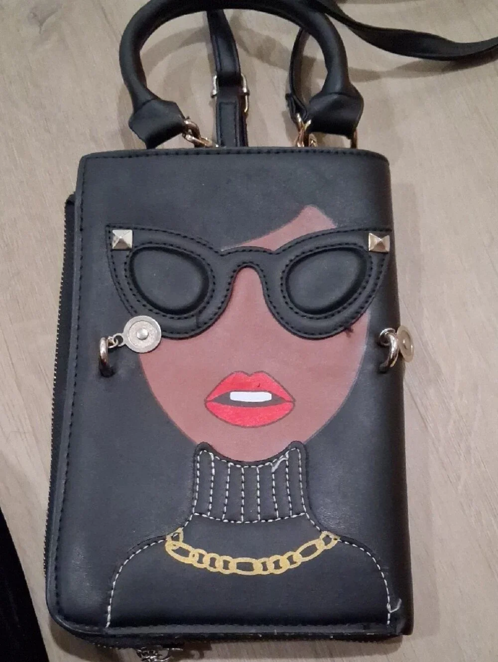 Black Crossbody Phone Bag with Fashion Face Applique
